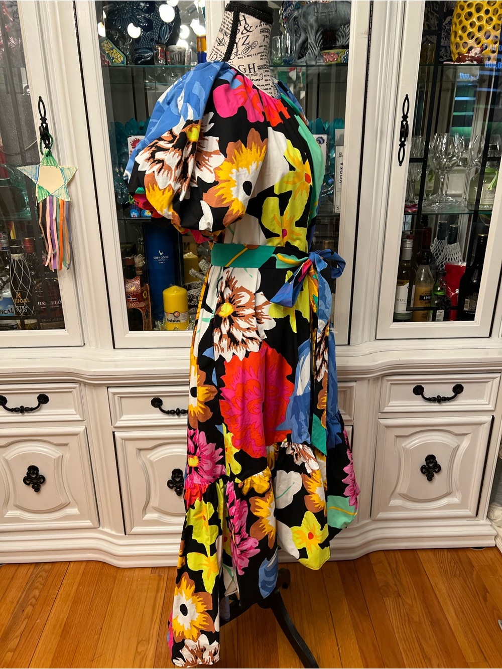 Vibrant Multicolor Floral Hi-Low Dress with Puff Sleeves L - Picture 4 of 15